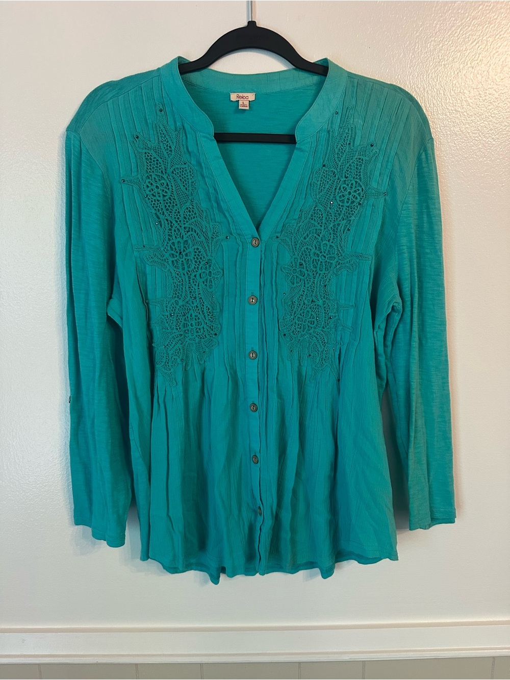 Reba Turquoise Button-Down Embroidered Women's Top - Size Large